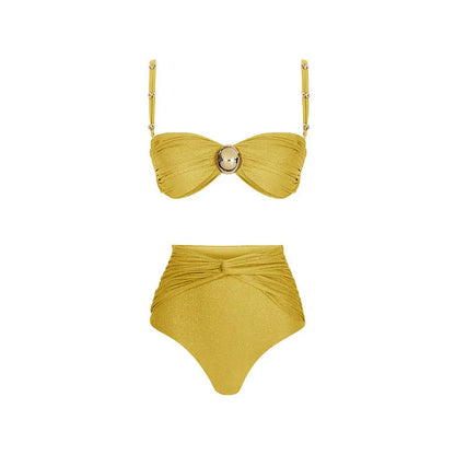 Women's high waist bikini swimsuit set in green one-piece and yellow split colour options
