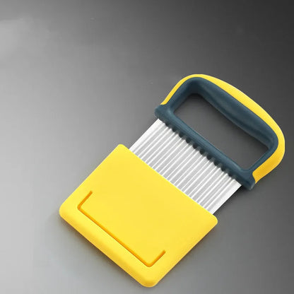 Stainless steel potato dicing tool with wolf tooth knife edge on yellow packaging