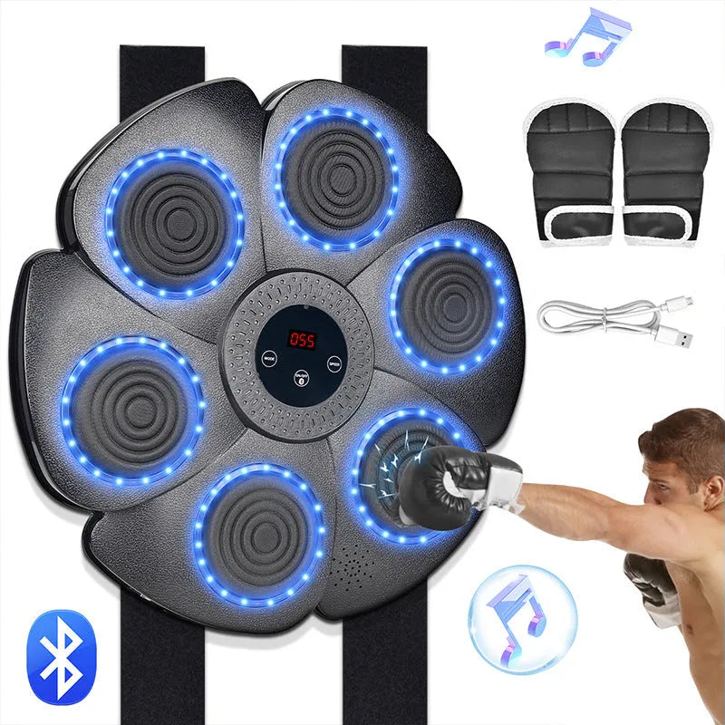 Black smart boxing wall target with LED lights, includes half-finger boxing gloves and charging cable for indoor training
