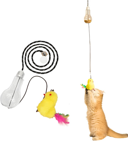 Interactive cat toy hanging from door frame with elastic rope, sound response system, and treat reward dispenser