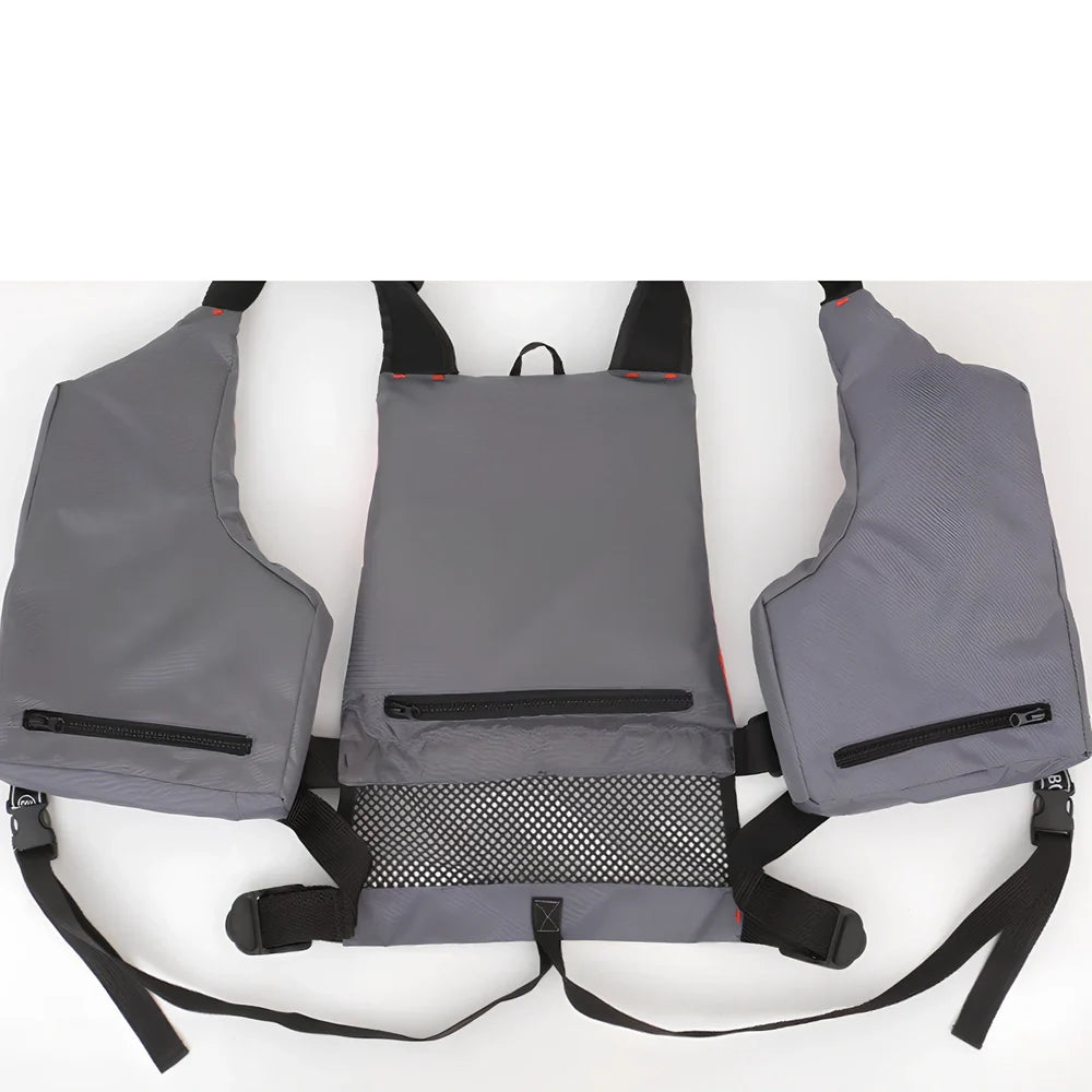 Grey-red Oxford cloth swim vest with adjustable side straps for fishing and water safety