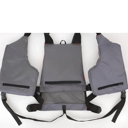 Grey-red Oxford cloth swim vest with adjustable side straps for fishing and water safety