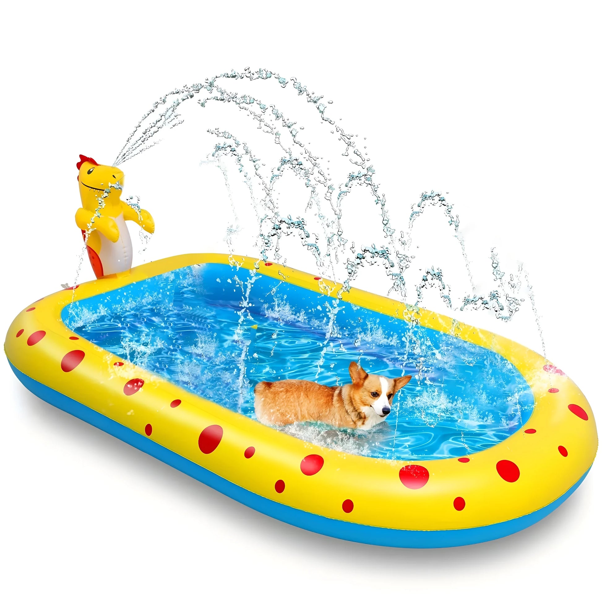 Blue inflatable dinosaur-shaped water spray pool for kids outdoor play