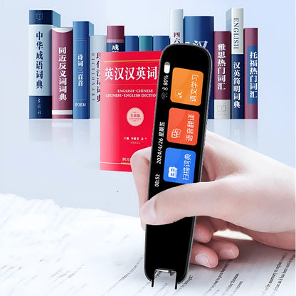 Dark grey offline scan translation pen with a scanning tip on a textbook.