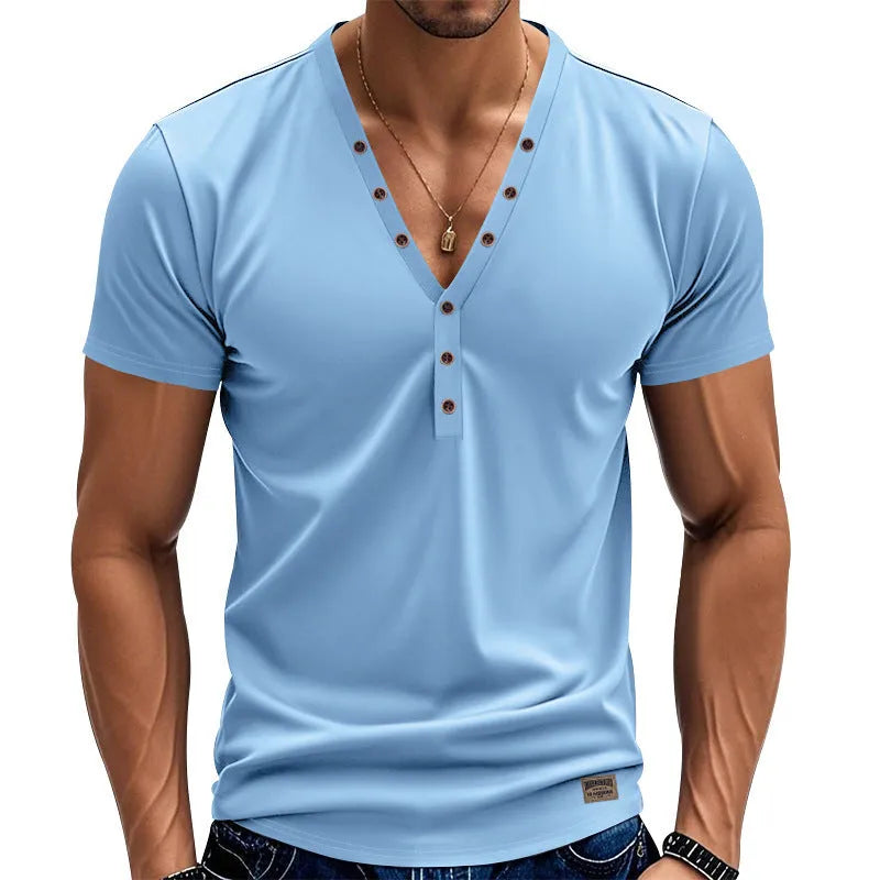 Men's loose V-neck pullover with button detail in a solid colour.