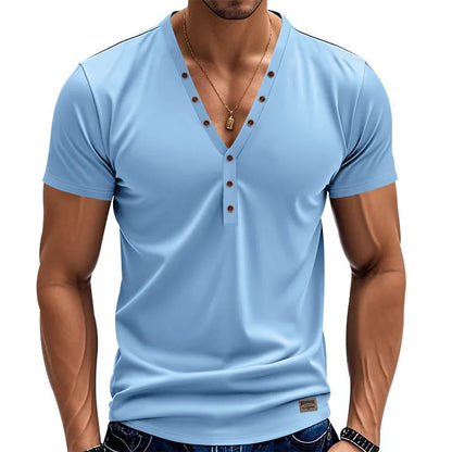 Men's loose V-neck pullover with button detail in a solid colour.