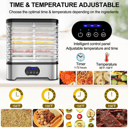 Food dehydrator in silver or red with 8 layers, intelligent controls, and 400W power for household drying