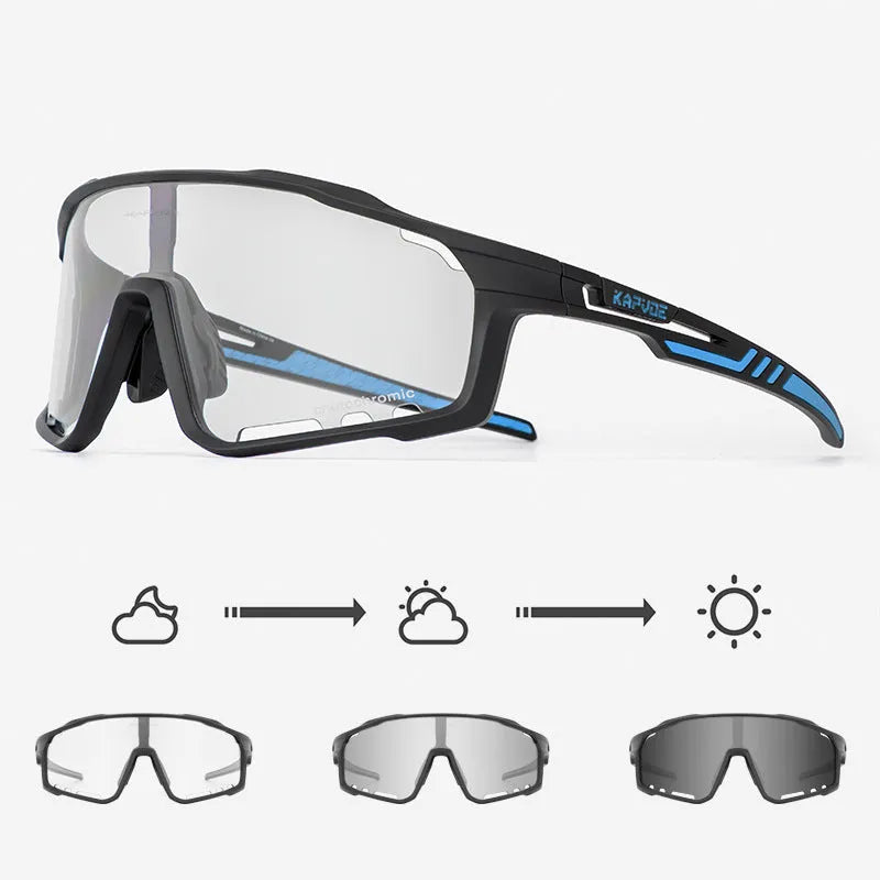 Photochromic cycling sunglasses with TR90 frame in semi-rimless unisex style on a solid colour background.