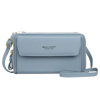 Red soft PU leather long wallet with double zipper, shown as a messenger bag.
