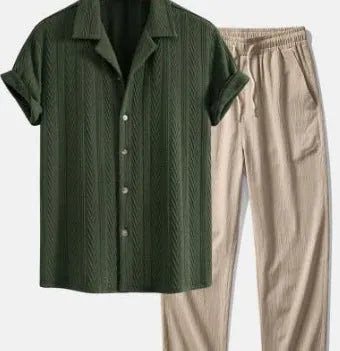 Men's camouflage print linen short-sleeved shirt and trousers set with cardigan lapel in slim-fit style