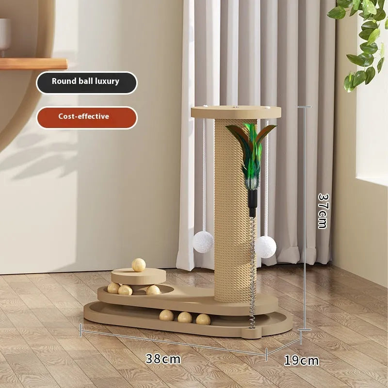 Solid wood cat scratching post with sisal rope and a brown oval turntable on a thick wooden base.