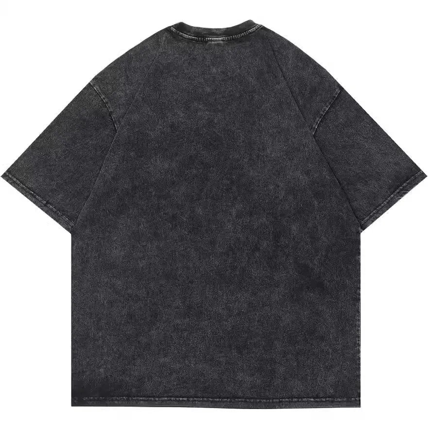 Men's washed black cotton T-shirt with retro cartoon print and short sleeves