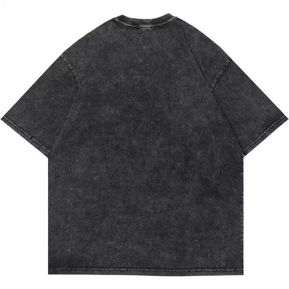 Men's washed black cotton T-shirt with retro cartoon print and short sleeves