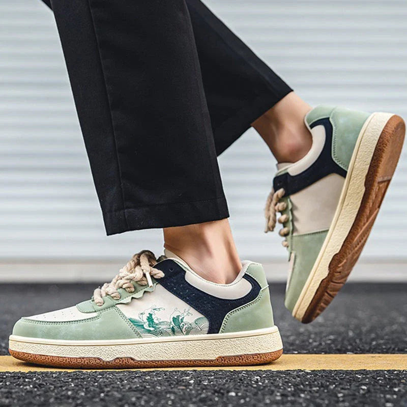 Comfortable lace-up casual shoes for men in various colors featuring soft, thick soles, breathable mesh lining, and stylish stitching details
