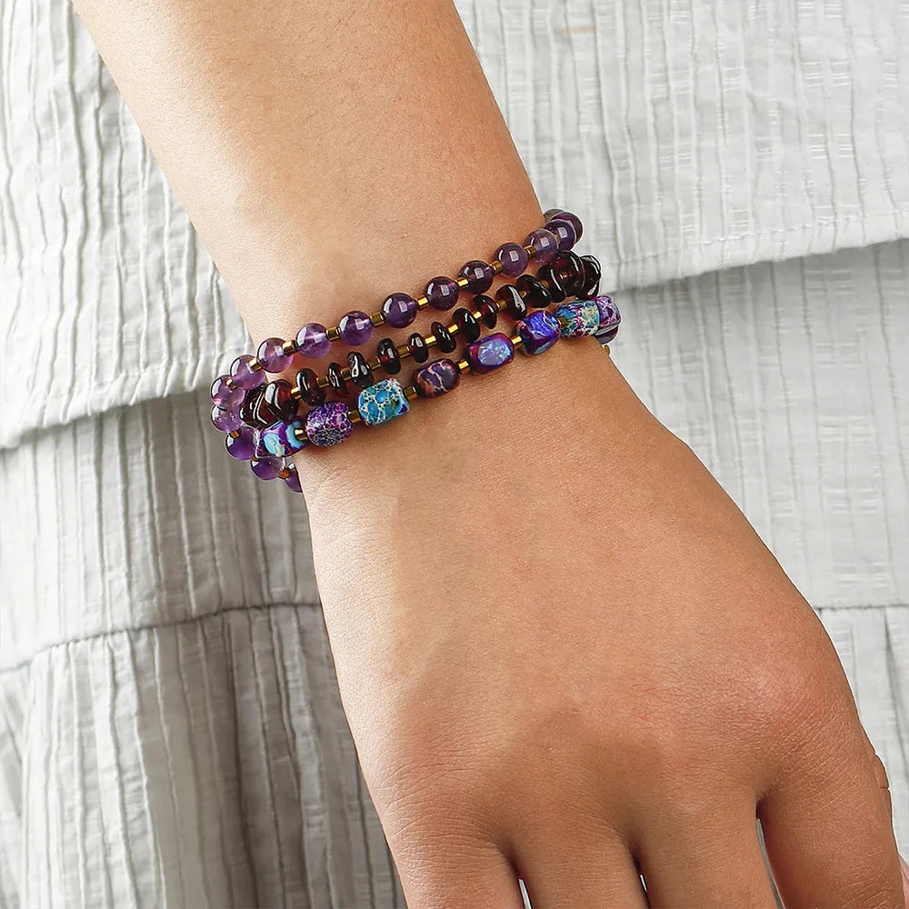 Purple amethyst and garnet stone bracelet with geometric design and adjustable sizing