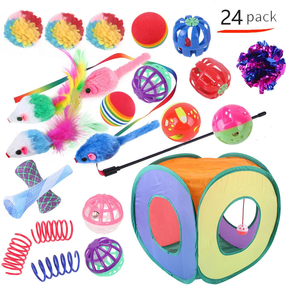 Plastic cat toy set with coloured tunnel channels and a ball for interactive indoor play.