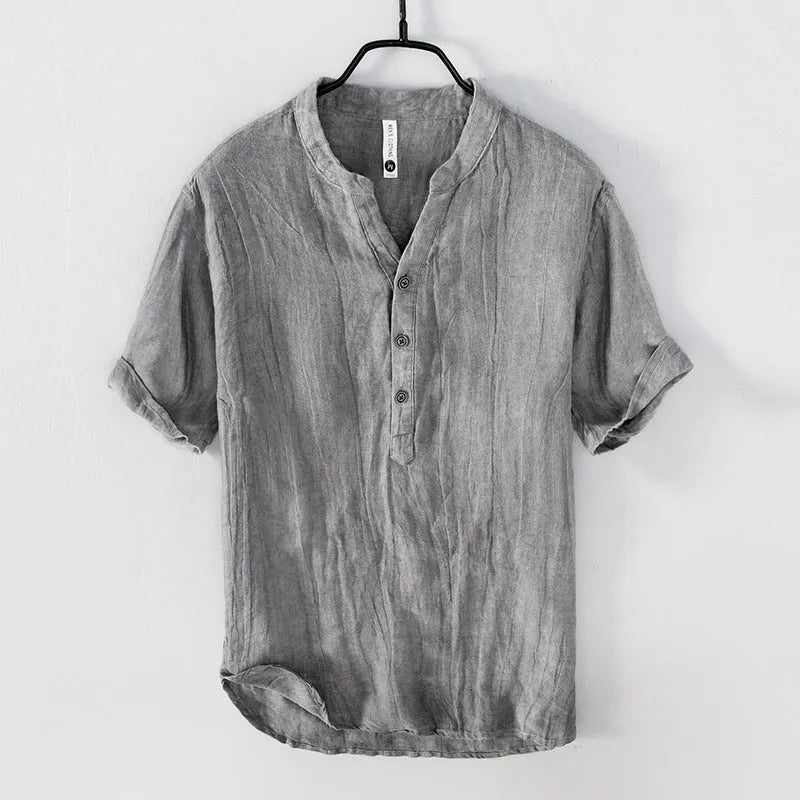 Linen pullover top in solid colour with short sleeves on hanger