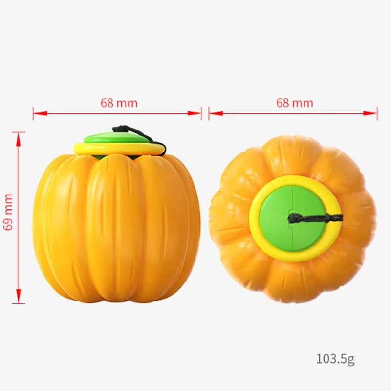 Green, orange, and yellow pumpkin-shaped plastic dog ball with squeaker for small dogs.