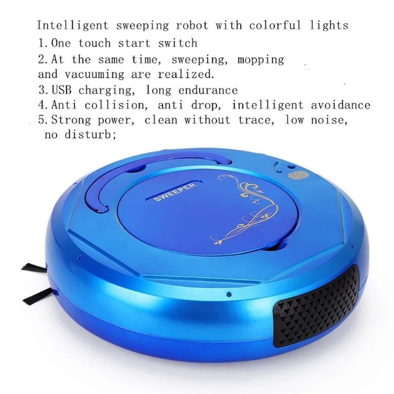 Blue floor sweeping robot vacuum cleaner on a wooden floor