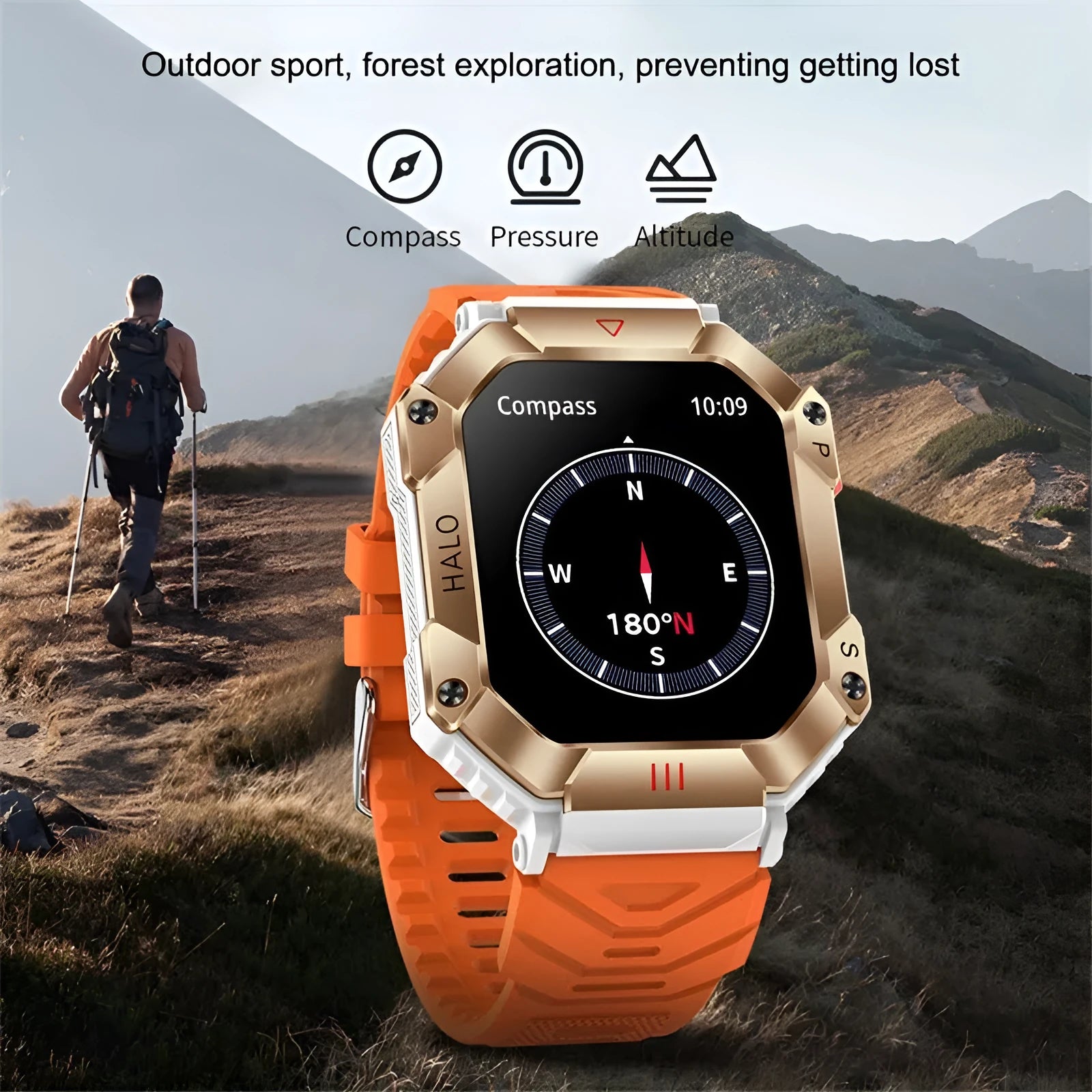 Android GPS smart watch for women with a titanium alloy case shown on a wrist, featuring a resin dial and a black camouflage strap.