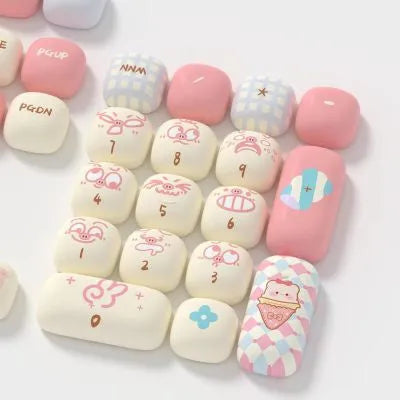 Sublimation keycaps set with cute cartoon pig party theme for mechanical keyboards, available in 138 to 142 keys depending on design for full keyboard coverage, includes popular patterns like Phantom Sweetheart and Rainbow Candy for custom PC builds