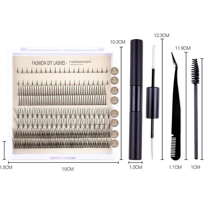 Segmented false eyelash set with single-cluster lashes, two glue bottles, tweezers, and application brush on pink background