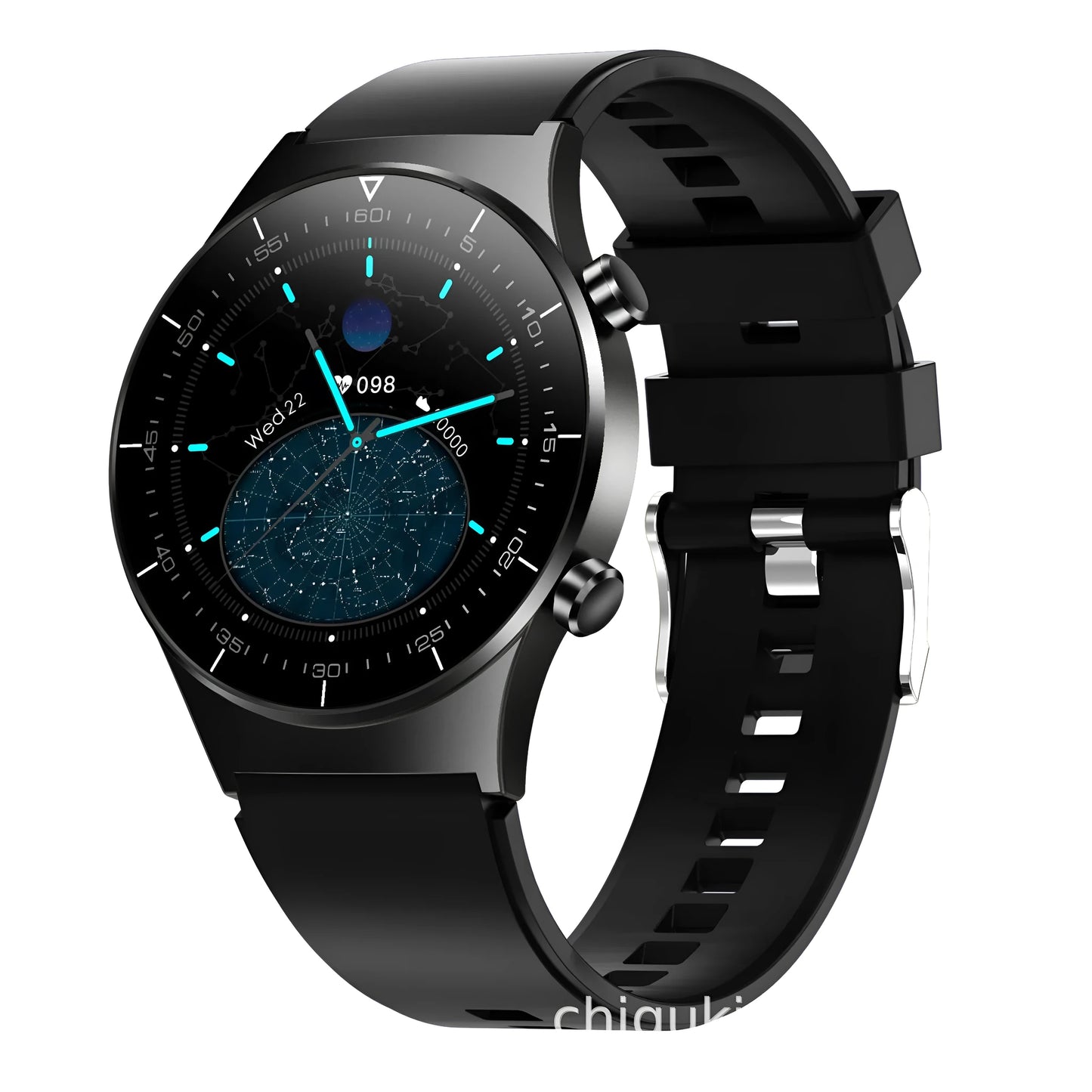 Black smart watch with touchscreen display showing health metrics including heart rate and blood pressure readings