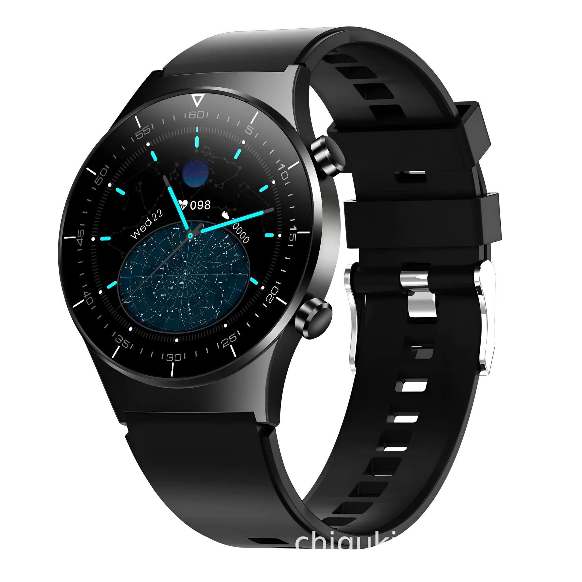 Black smart watch with touchscreen display showing health metrics including heart rate and blood pressure readings