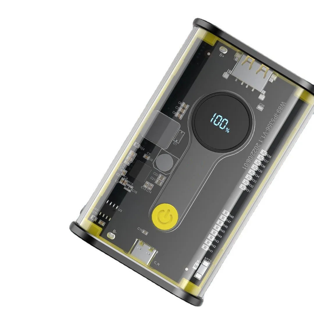Transparent industrial power bank showing internal battery cells with 10000mAh capacity