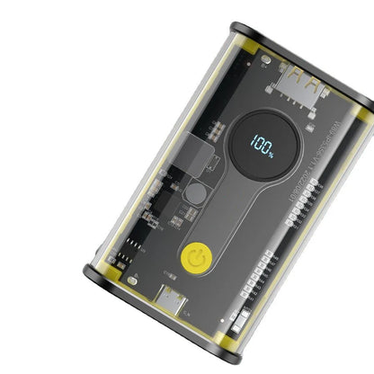 Transparent industrial power bank showing internal battery cells with 10000mAh capacity