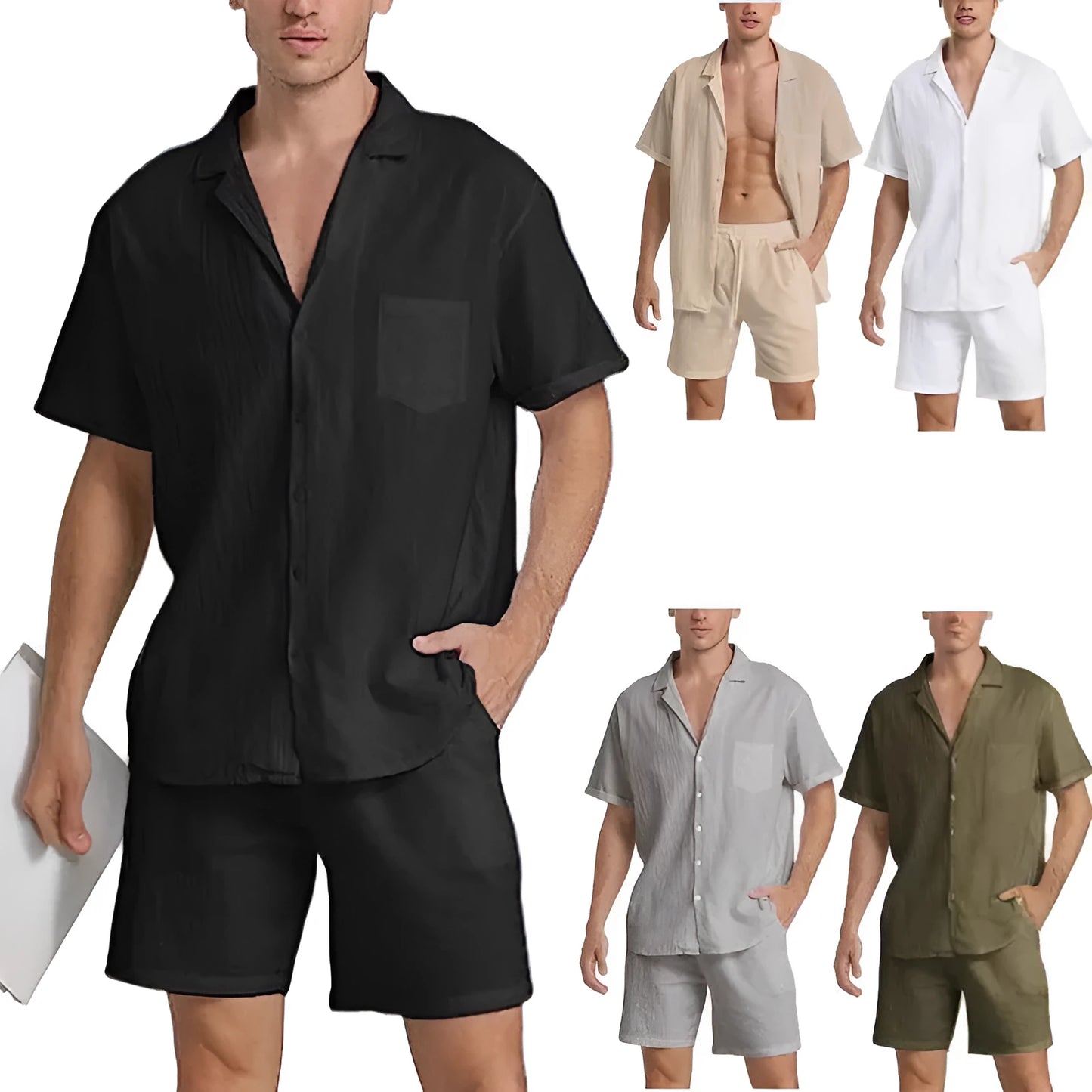 Men's flax summer sports short-sleeved top and shorts suit in army green colour