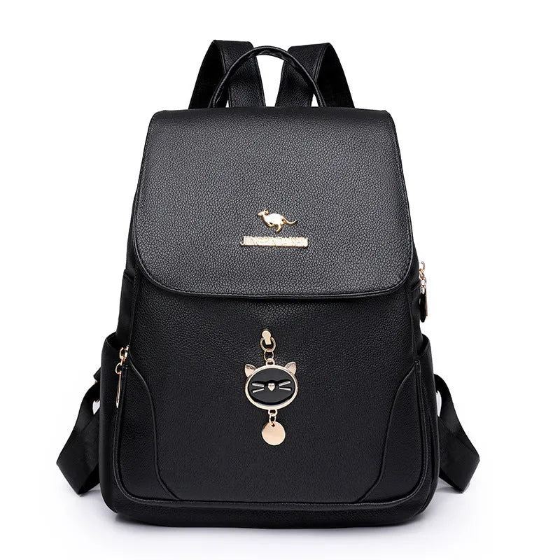 Women's black leather backpack with three-dimensional pockets and street trend design