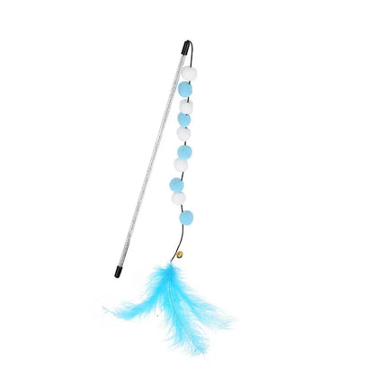Blue cat teaser stick toy with a bell and a grey feather pompon, shown next to a grey and yellow version.