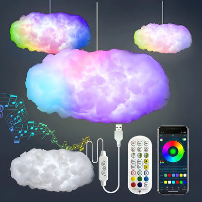 White fabric cloud shaped light hanging from ceiling with multi-coloured LED glow.