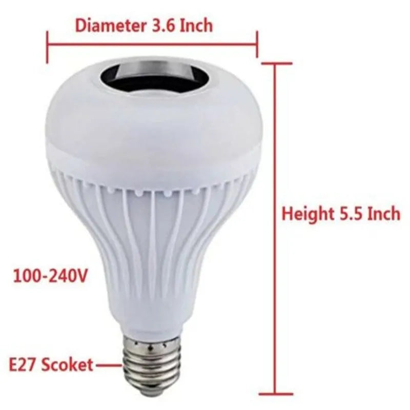 White smart Bluetooth LED bulb speaker with E27 base and remote control for RGB lighting