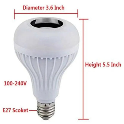 White smart Bluetooth LED bulb speaker with E27 base and remote control for RGB lighting