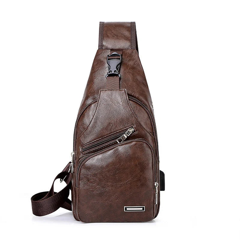 Stylish Men's USB Charging Chest Bag in Black, Coffee, and Light Brown colours
