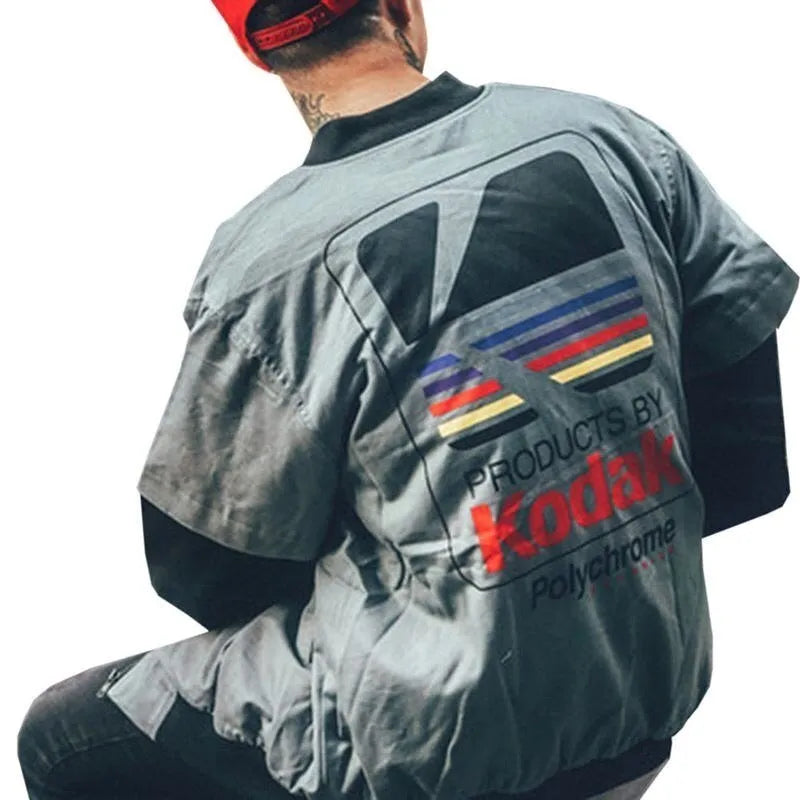 Hip hop style baseball jacket in grey or white with streetwear print, round neck, and side slit pockets.