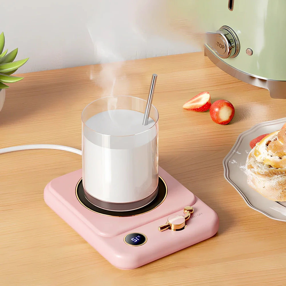 White plated collage desktop warming pad with digital temperature display showing current heating status