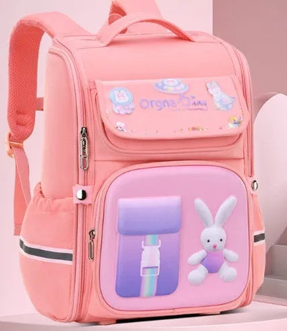 Children's cartoon backpack with airpillow straps in rabbit pink colour showing large capacity design for primary school use