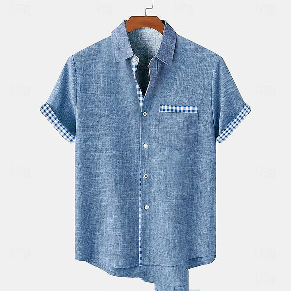 Linen short-sleeve shirt with ocean fish pattern on lapel, loose fit design, shown in one of 12 available colours