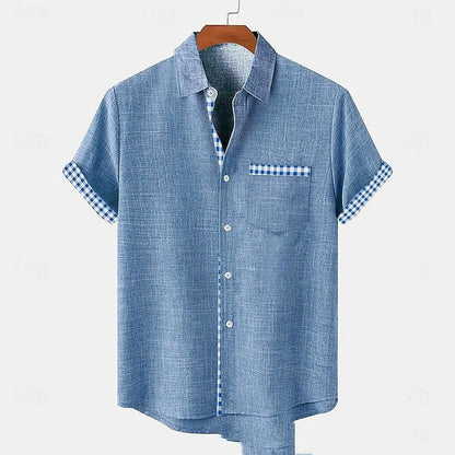 Linen short-sleeve shirt with ocean fish pattern on lapel, loose fit design, shown in one of 12 available colours