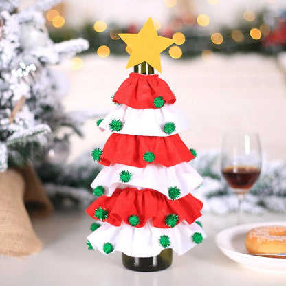 Christmas wine bottle cover with pentagram and fluffy ball design in red and green