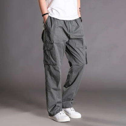 Loose straight leg cotton cargo trousers with multi-pocket, mid waist, zip placket, in black, army green, khaki, or natural yellow.