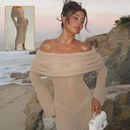 One-shoulder knit maxi dress in various colors, featuring a high-waisted silhouette and flowing skirt for a flattering and stylish look.