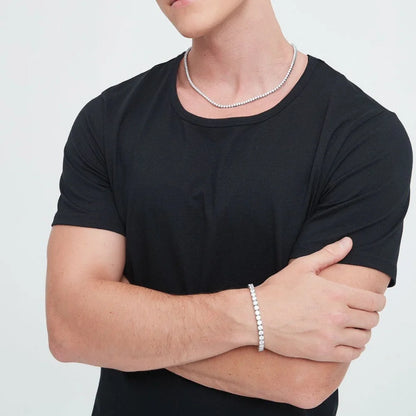 Stainless steel mesh ball chain necklace and bracelet set with geometric design and 3mm zircon inlay