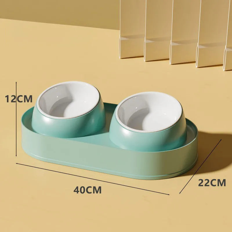 White elevated pet feeder with two tilted bowls on a non-slip base, for cat and small dog food and water.