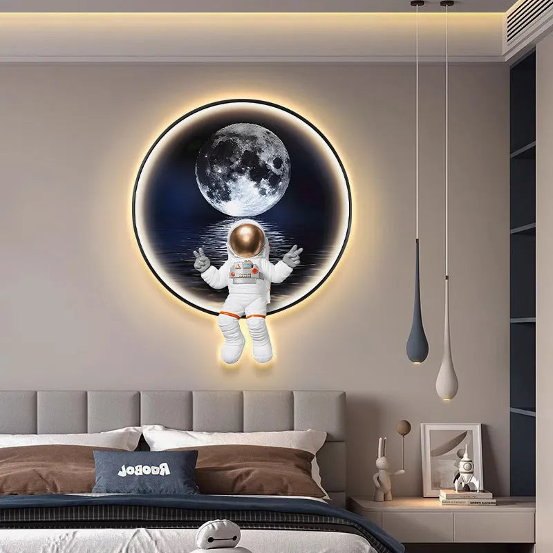 Space-themed canvas wall art with optional LED bedside lamp for children's bedrooms in Spaceman pattern