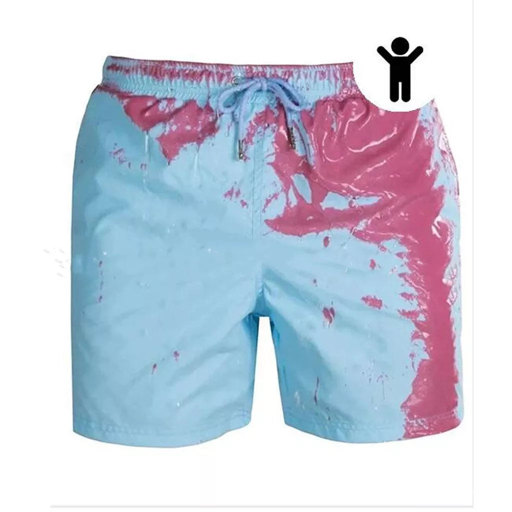 Men's colour-changing beach shorts in various colours, showing quick-dry and water-reactive features