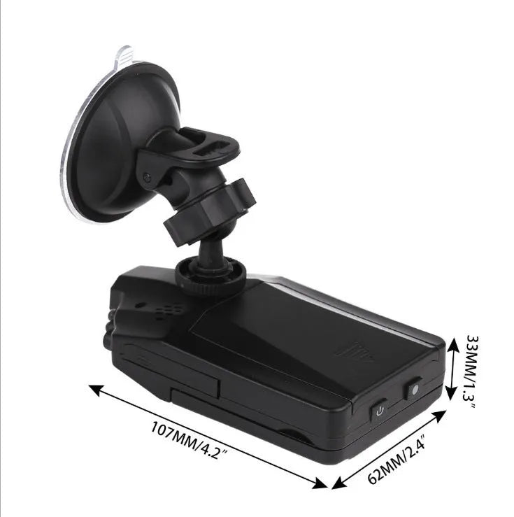 Driving recorder with 6 lights, night vision, motion detection, 1080p, and optional memory card.